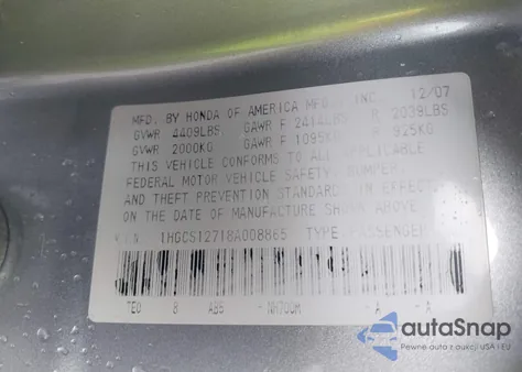 2008 Honda Accord 2.4 Ex from USA, damaged, VIN 1HGCS12718A008865